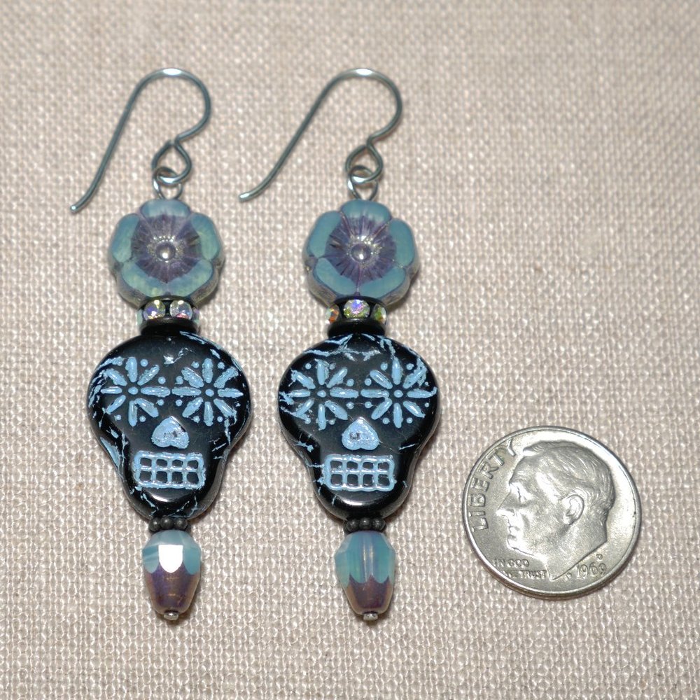 Hand Crafted Handmade Earrings Blue & Black Sugar Skull Calavera Long Ea… - Picture 3 of 4